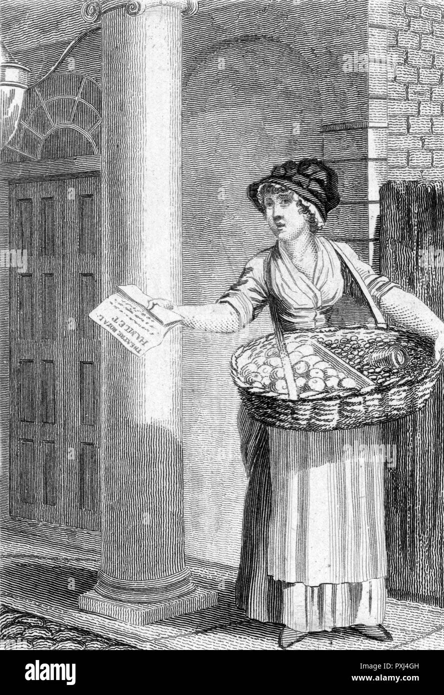 'Buy a bill of the play !' a street trader offers programmes, fruit and nuts outside Drury Lane theatre, London     Date: circa 1800 Stock Photo