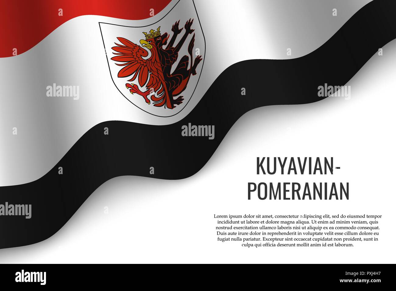 waving flag of Kujawy-Pomerania Province is a region of Poland on white background. Stock Vector
