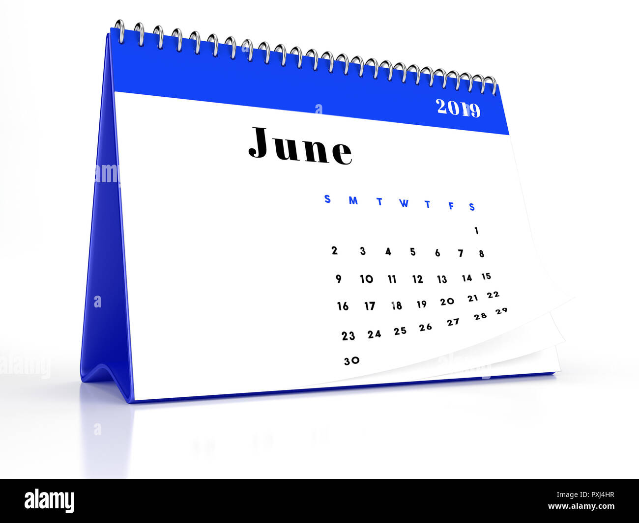2019 June page of a desktop calendar on white background. 3D Rendering ...