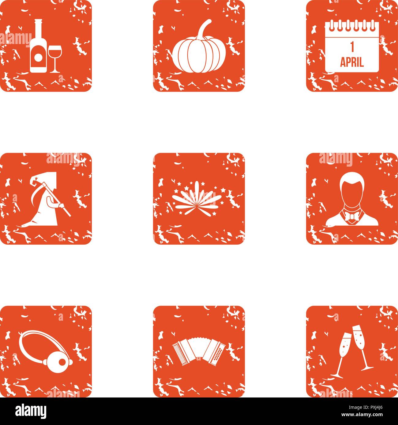 Prank icons set, grunge style Stock Vector