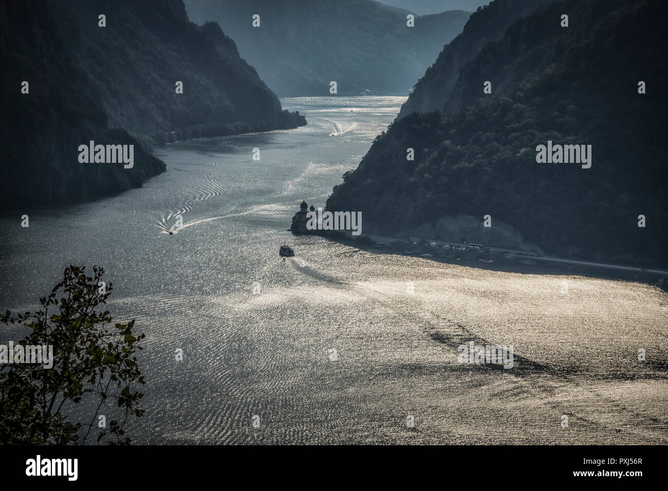 View of Danube in Djerdap gorge from above with monastery Mraconia Stock Photo