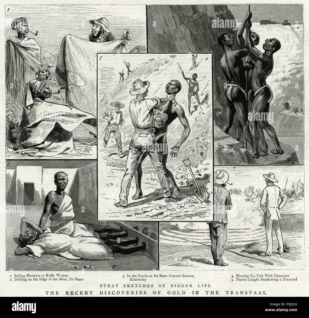 Various scenes showing the mistreatment of black workers in the diamond mines of South Africa.     Date: 1887 Stock Photo