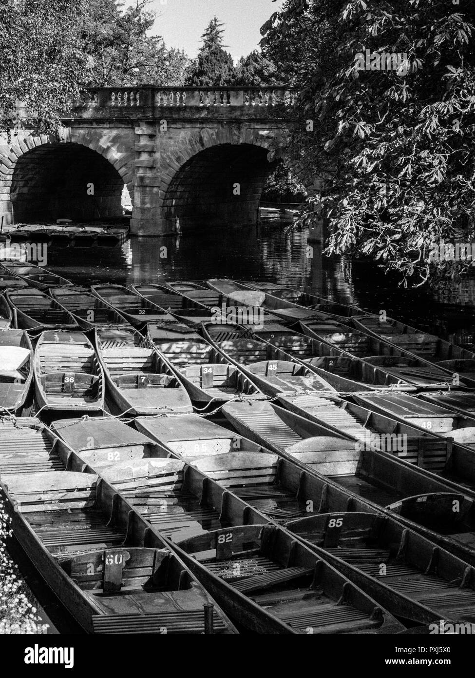 Black and White Image of Iconic Magdalen Bridge, River Cherwell, Oxford, Oxfordshire, England, UK, GB. Stock Photo