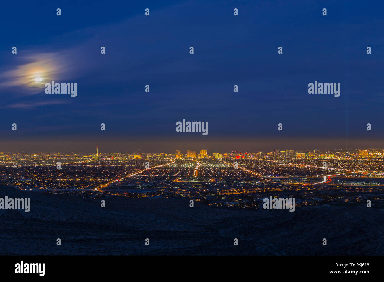 Las Vegas Nevada full moon early evening cityscape skyline. Stock Photo