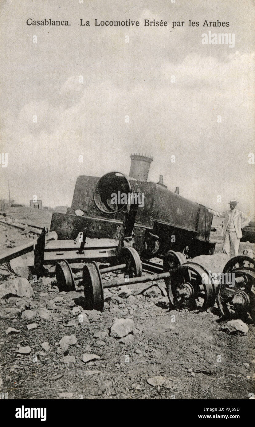 Morocco - Locomotive destroyed by Arabs - Chaouia uprising Stock Photo