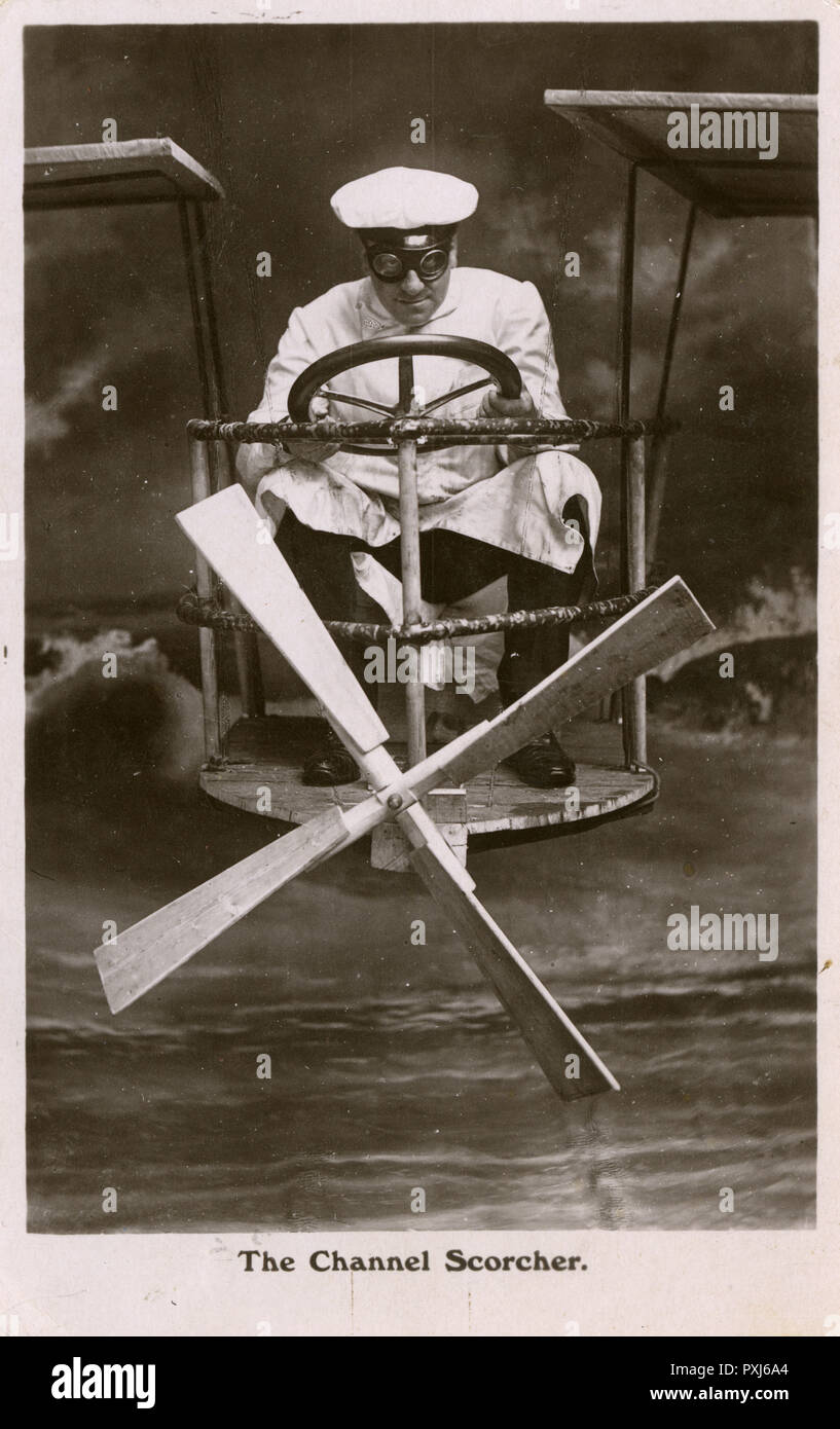 The Channel Scorcher - Fantasy Card depicting a plucky cross-channel Aviator! Louis Bleriot made the first flight across the English Channel in a heavier-than-air aircraft on 25th July 1909.     Date: circa 1911 Stock Photo