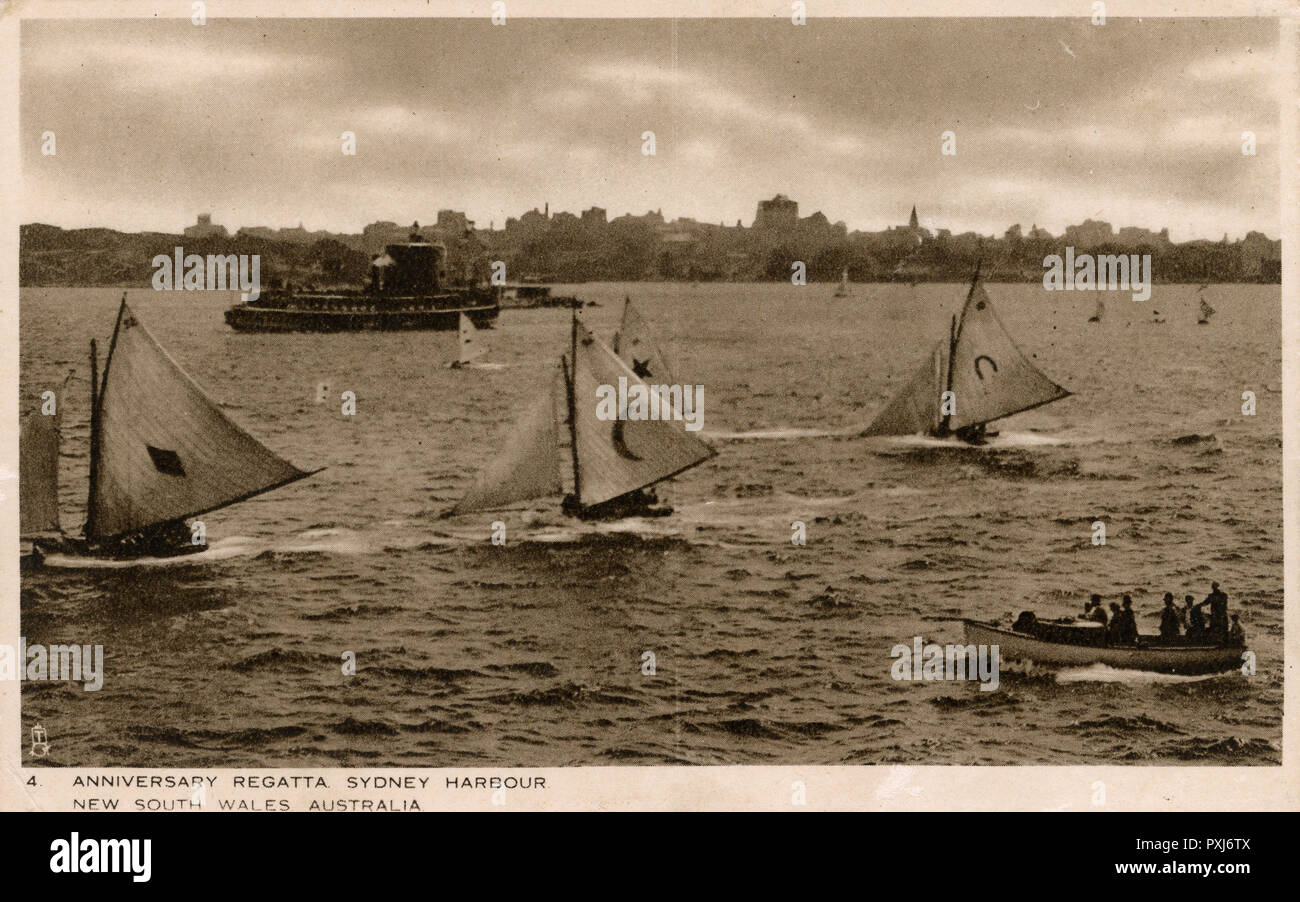 Sydney, NSW, Australia - Anniversary Regatta in the Harbour. The Australia Day Regatta, proudly acclaimed as the oldest continuously-conducted annual sailing regatta in the world, has been conducted each year since 1837 to commemorate the anniversary of the first European settlement of Australia.     Date: circa 1910 Stock Photo