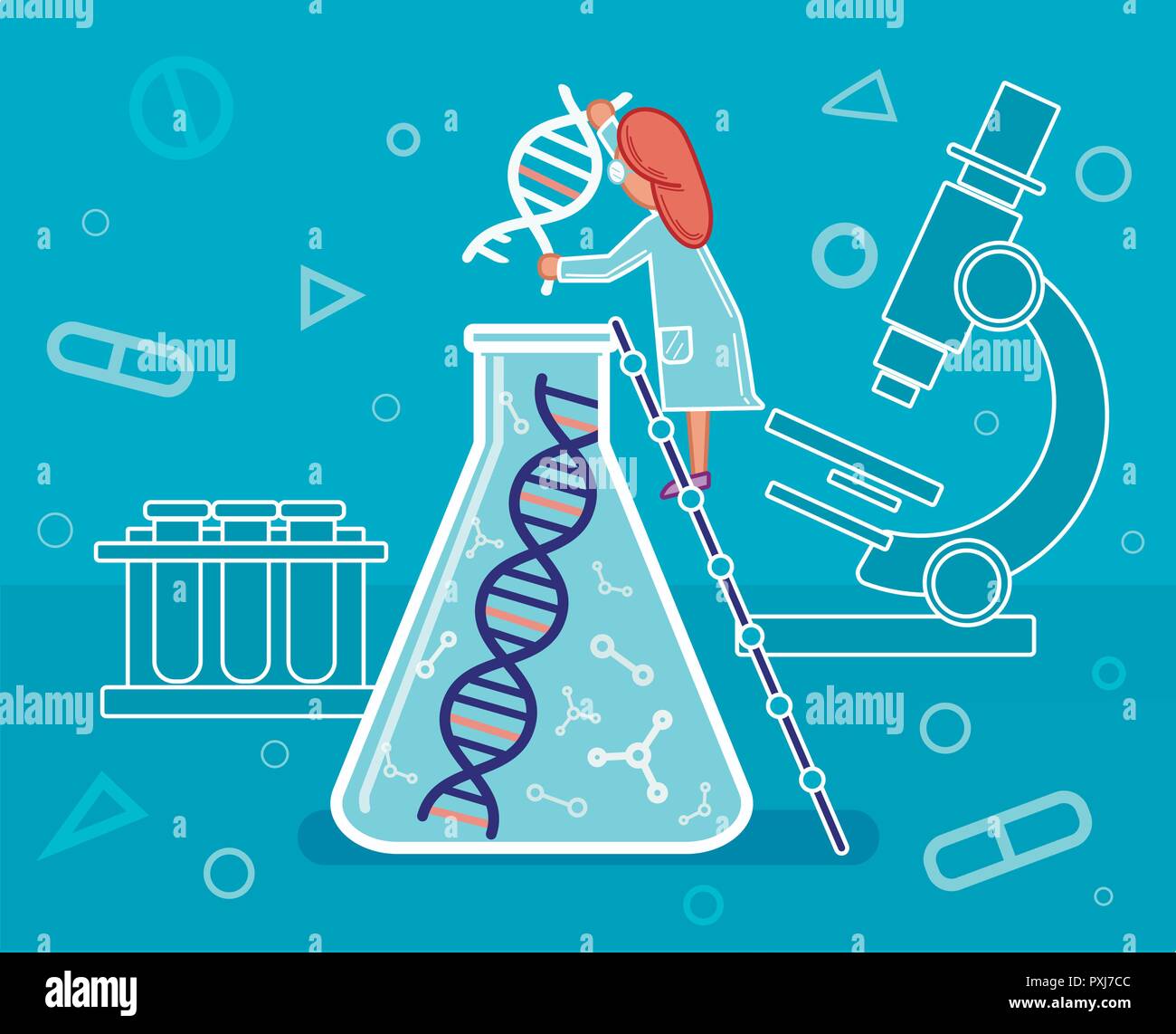 Genome sequencing, DNA, DNA research, scientist in the laboratory, medicine, illustration, vector. Stock Vector