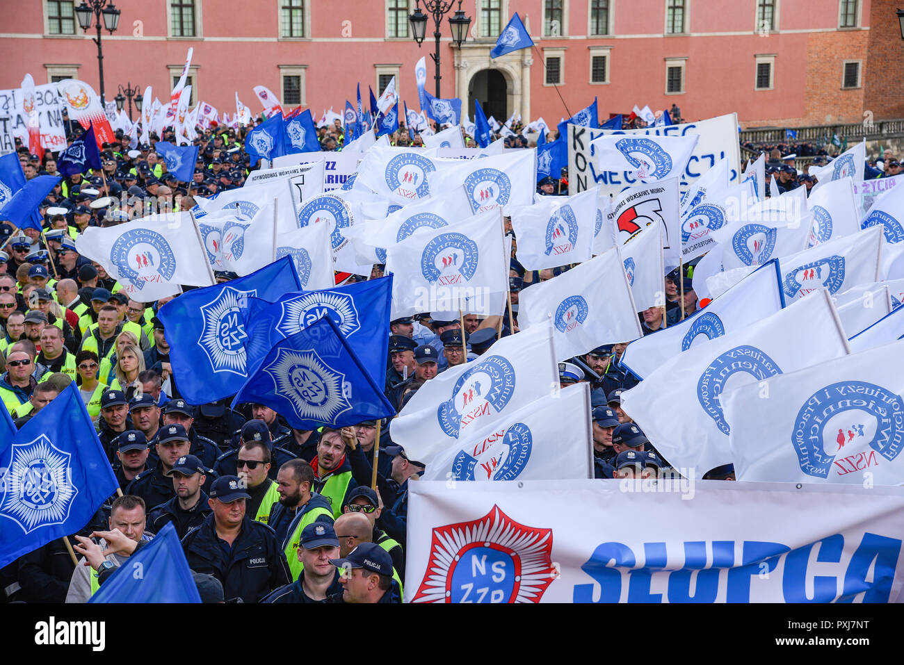 Warsaw / Poland - October.02.2018: Demonstration, national protest of police officers for fair work wages. Crowd of police officers. Stock Photo