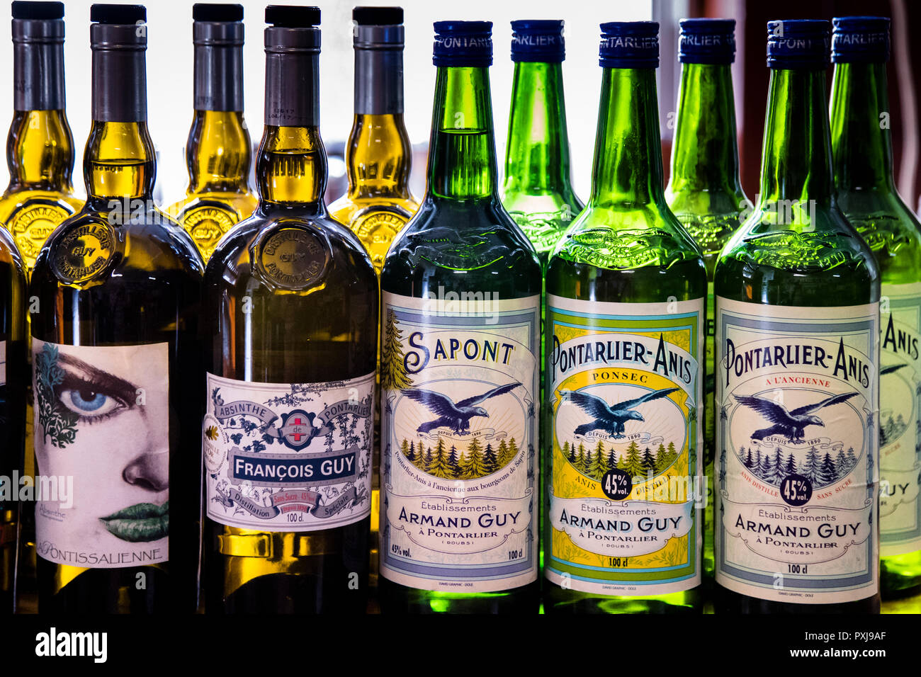 Bottles from Absinthe distillery Armand Guy in Portarlier, France Stock Photo