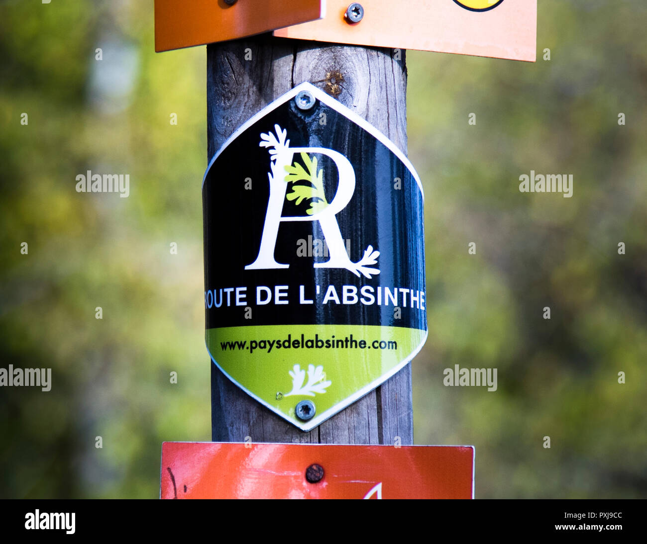 Route de l'Absinthe in France and Switzerland. On the Route de l'Absinthe you can hike the eventful history of absinthe. In just 48 km from Pontarlier in the Franche Comté region to Noiraigue in Switzerland. Stock Photo