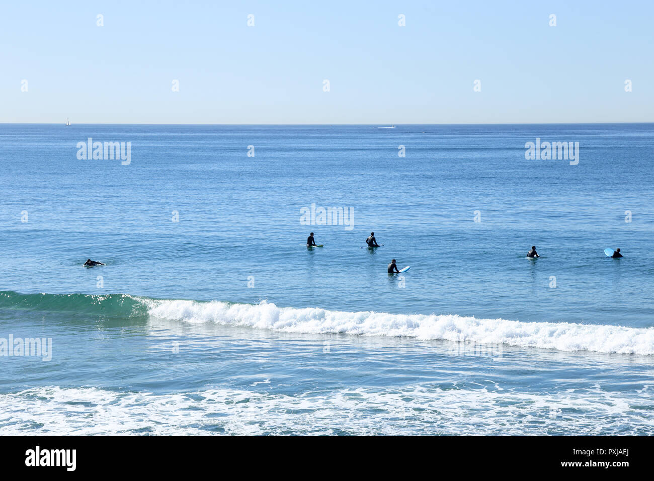 Surfers waiting for a wave at Venice beach, California Stock Photo