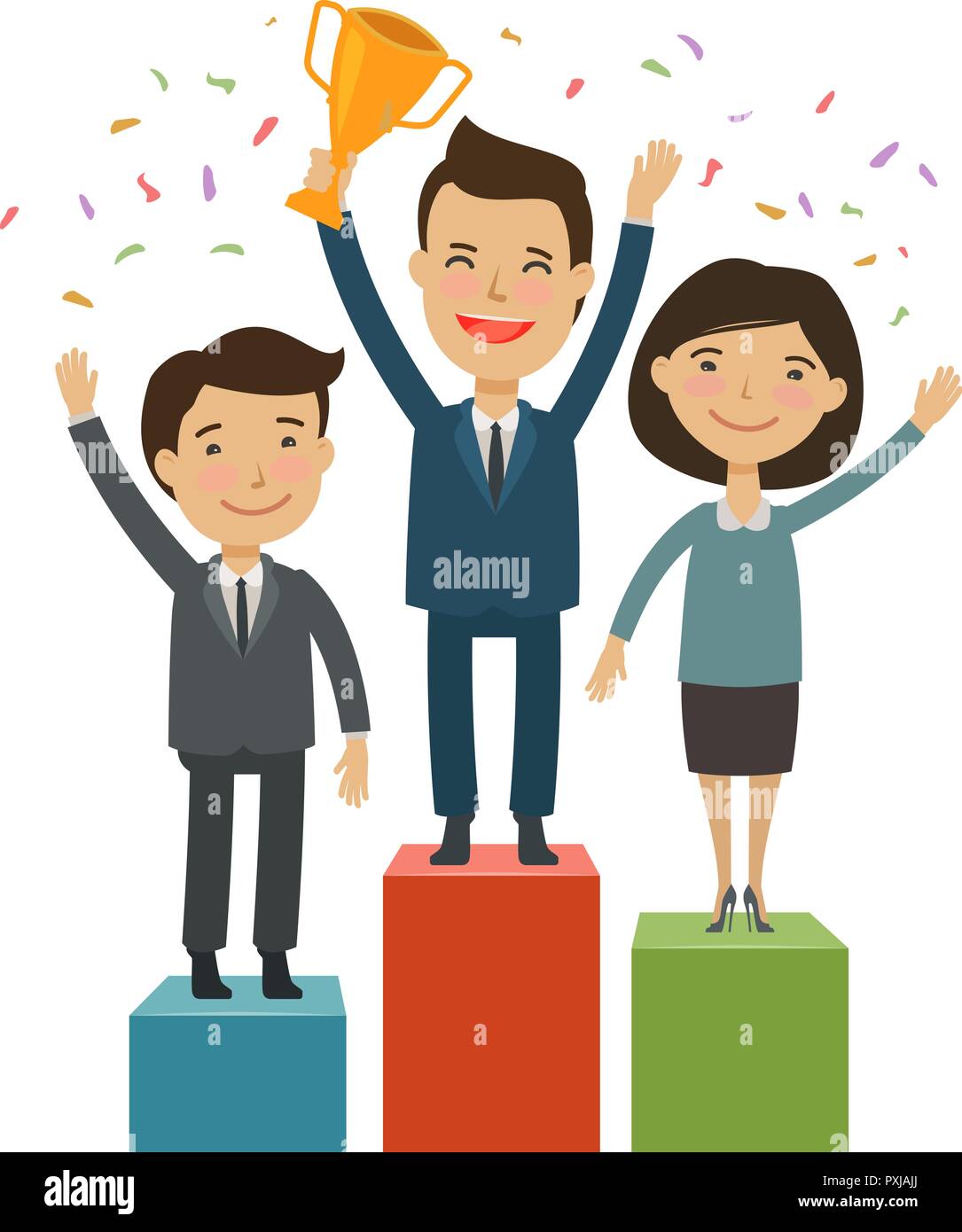 Business people on the pedestal. Success, achievement concept. Cartoon vector illustration Stock Vector