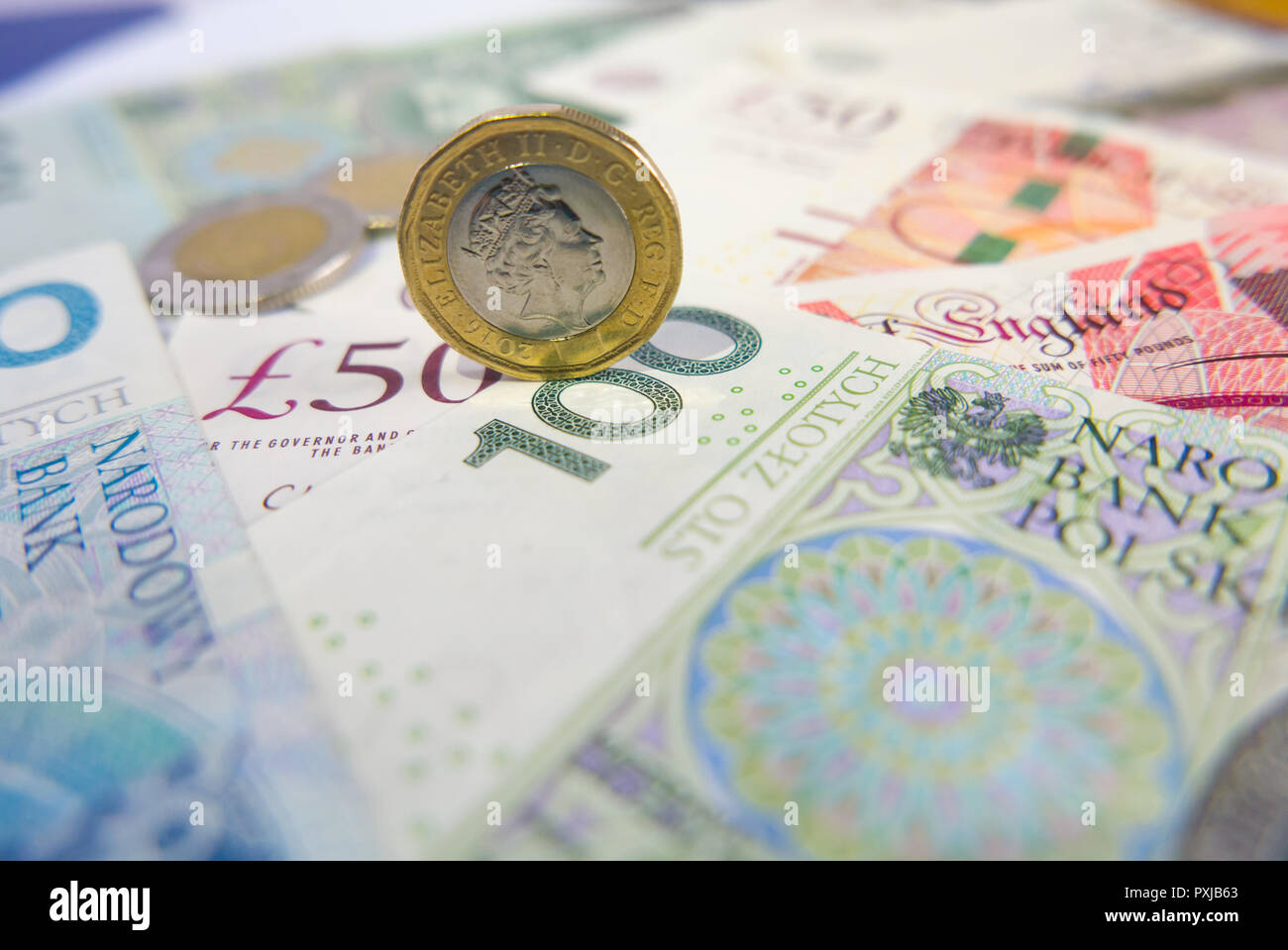 1 pound over Polish zloty notes and coins, money background Stock Photo