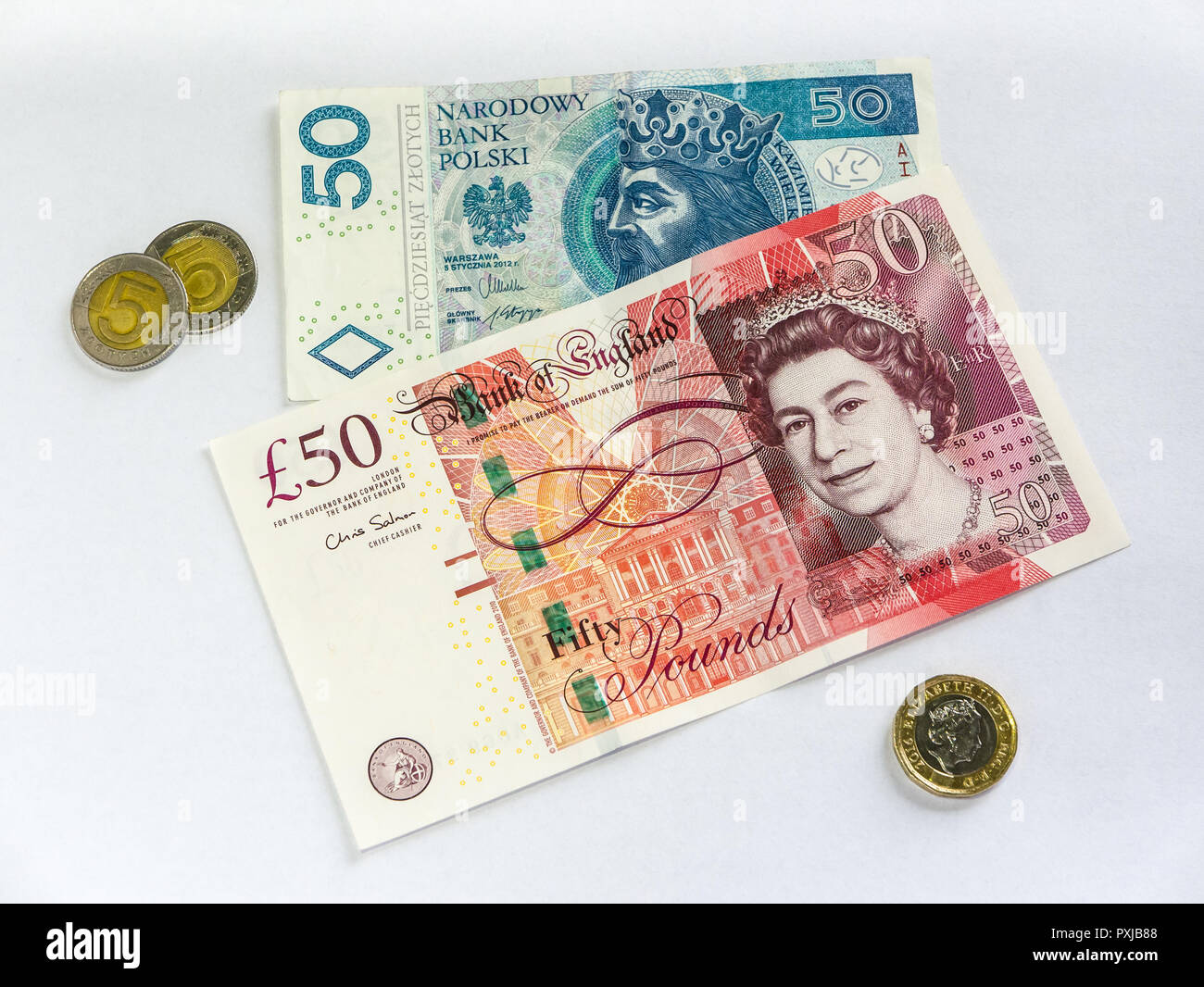Devaluation of british pound to polish zloty concept Stock Photo