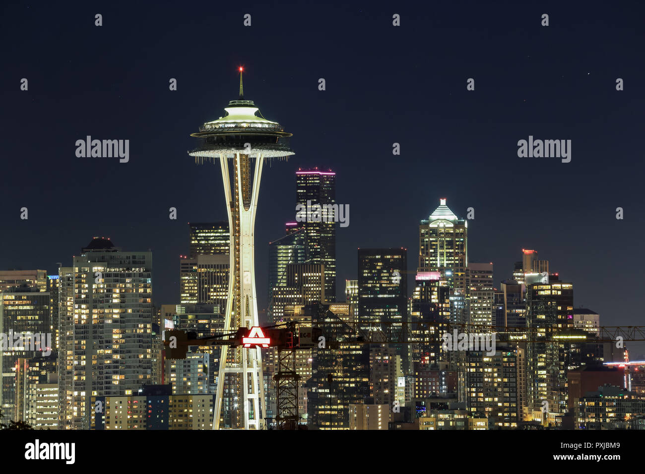 A view of Space Needle and downtown Seattle from Kerry park after sunset. Stock Photo