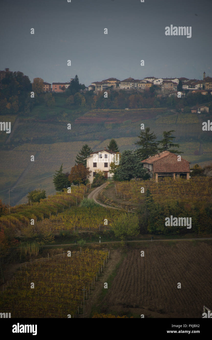Looking west from Monforte d'Alba, Cuneo, in Piedmont, Italy over the hills and vineyards Stock Photo