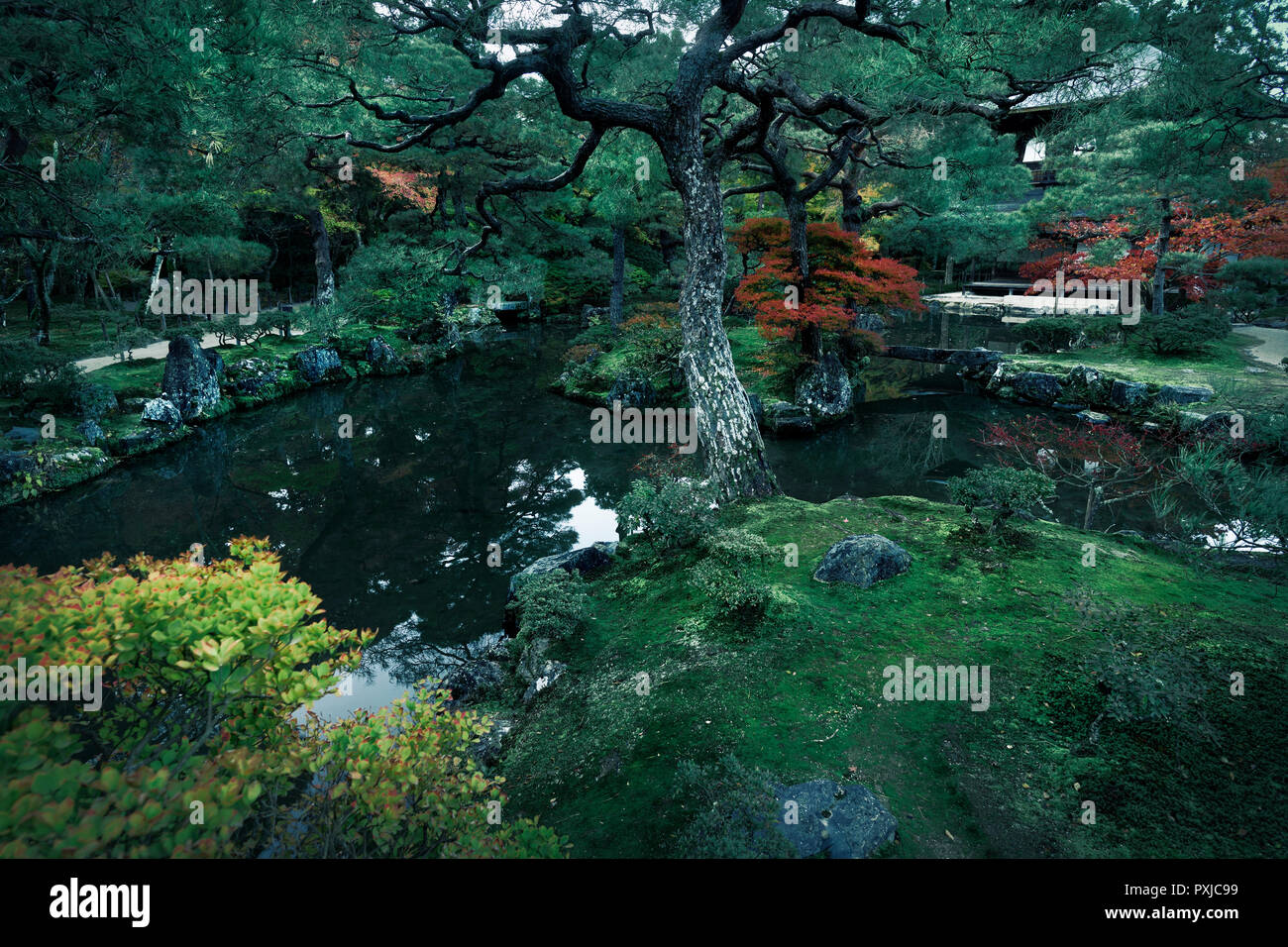 Traditional Japanese Zen garden with a pond at Ginkaku-ji, Temple of the Silver Pavilion, in autumn scenery, Niwaki gardening example, Jisho-ji, Sakyo Stock Photo