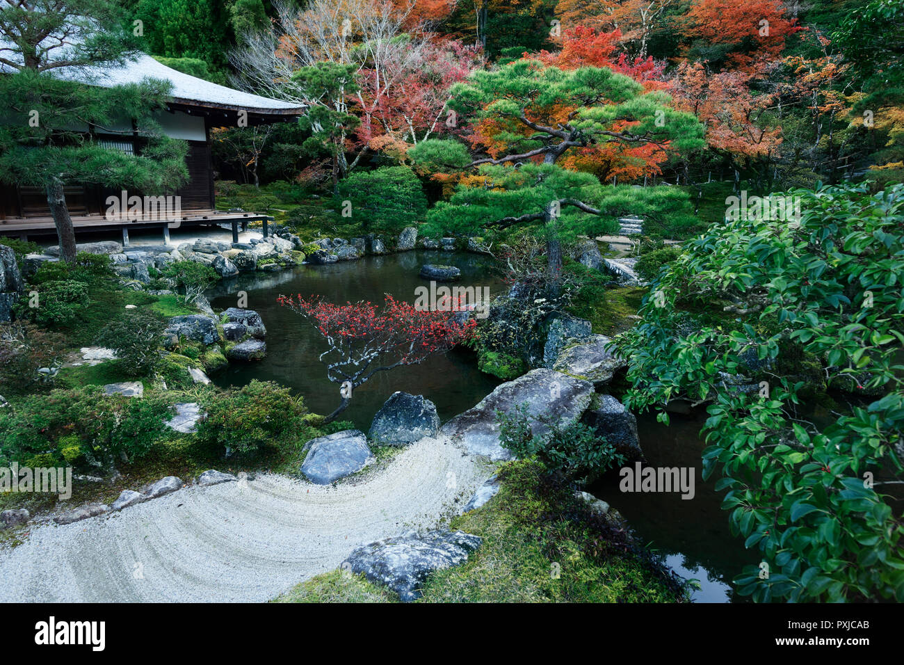 Zen garden with a pond near Kannon-den hall of Ginkaku-ji, Temple of the Silver Pavilion, in autumn scenery, Jishoji temple in Sakyo-ku, Kyoto, Japan  Stock Photo