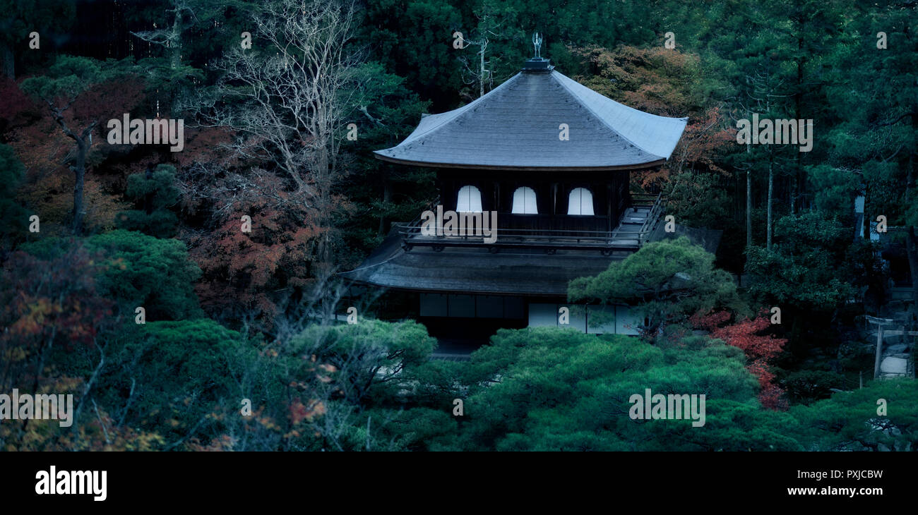 Ginkaku-ji, Temple of the Silver Pavilion, Kannon-den hall roof surrounded by trees in a panoramic aerial autumn scenery. Jisho-ji temple in Sakyo-ku, Stock Photo