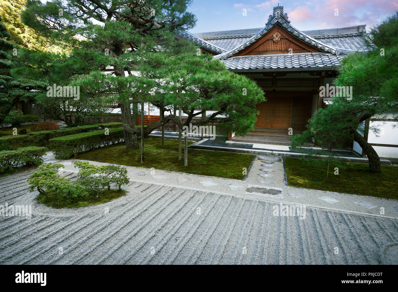 License available at MaximImages.com Kuri hall and Zen garden of Ginkaku-ji, Temple of the Silver Pavilion, Jisho-ji, Sakyo-ku, Kyoto, Japan Stock Photo