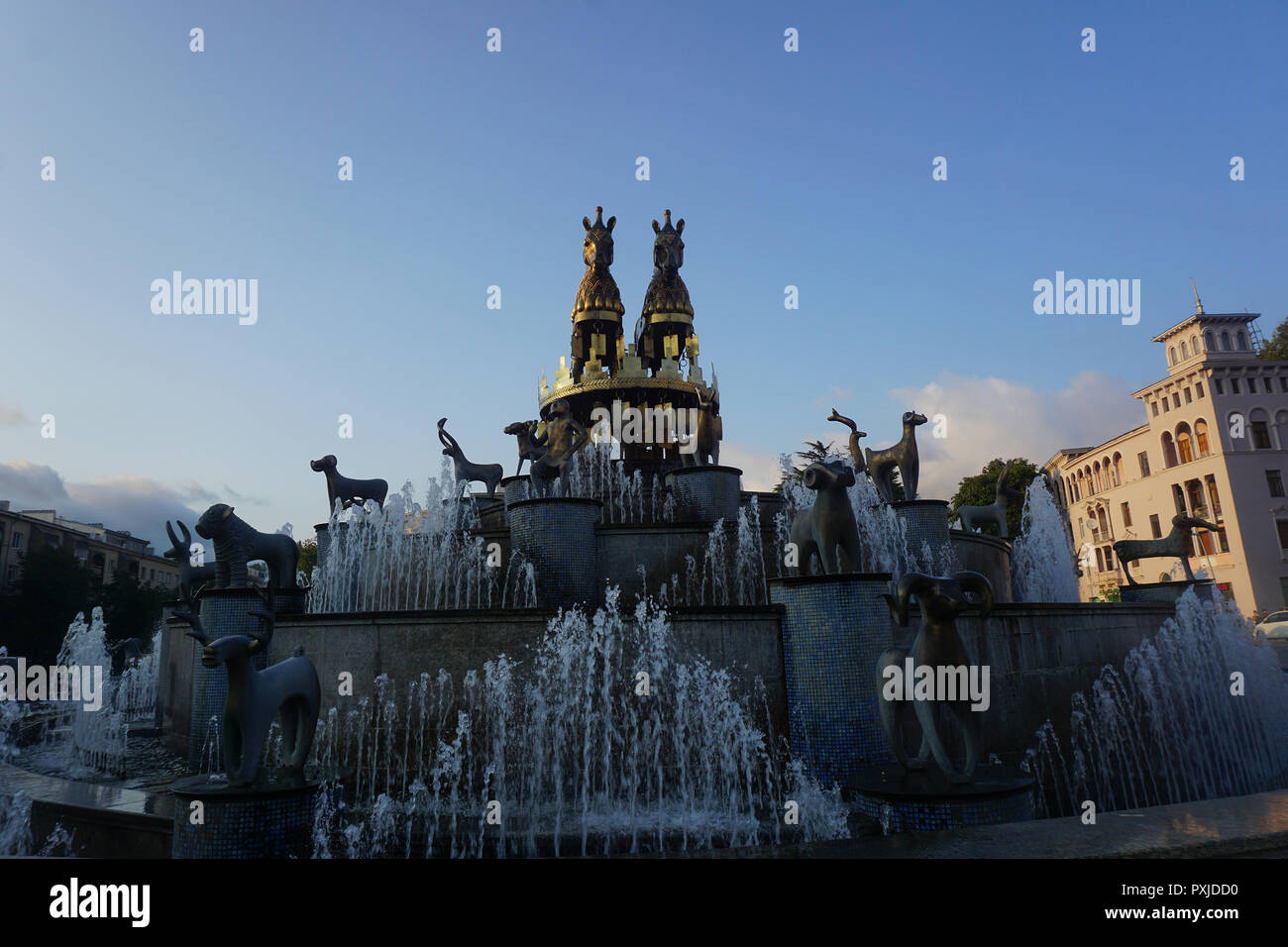 Kutaisi Colchis Fountain with Two Horses and Other Animals under Blue Sky Stock Photo