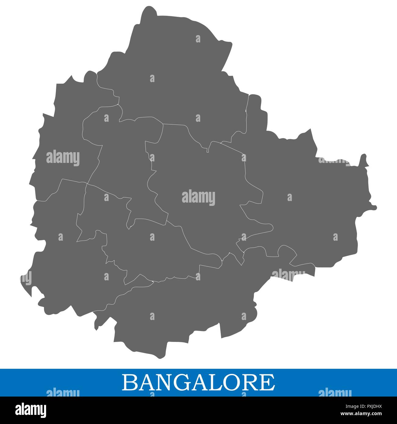 High Quality map of Bangalore is a city of India, with borders of districts Stock Vector