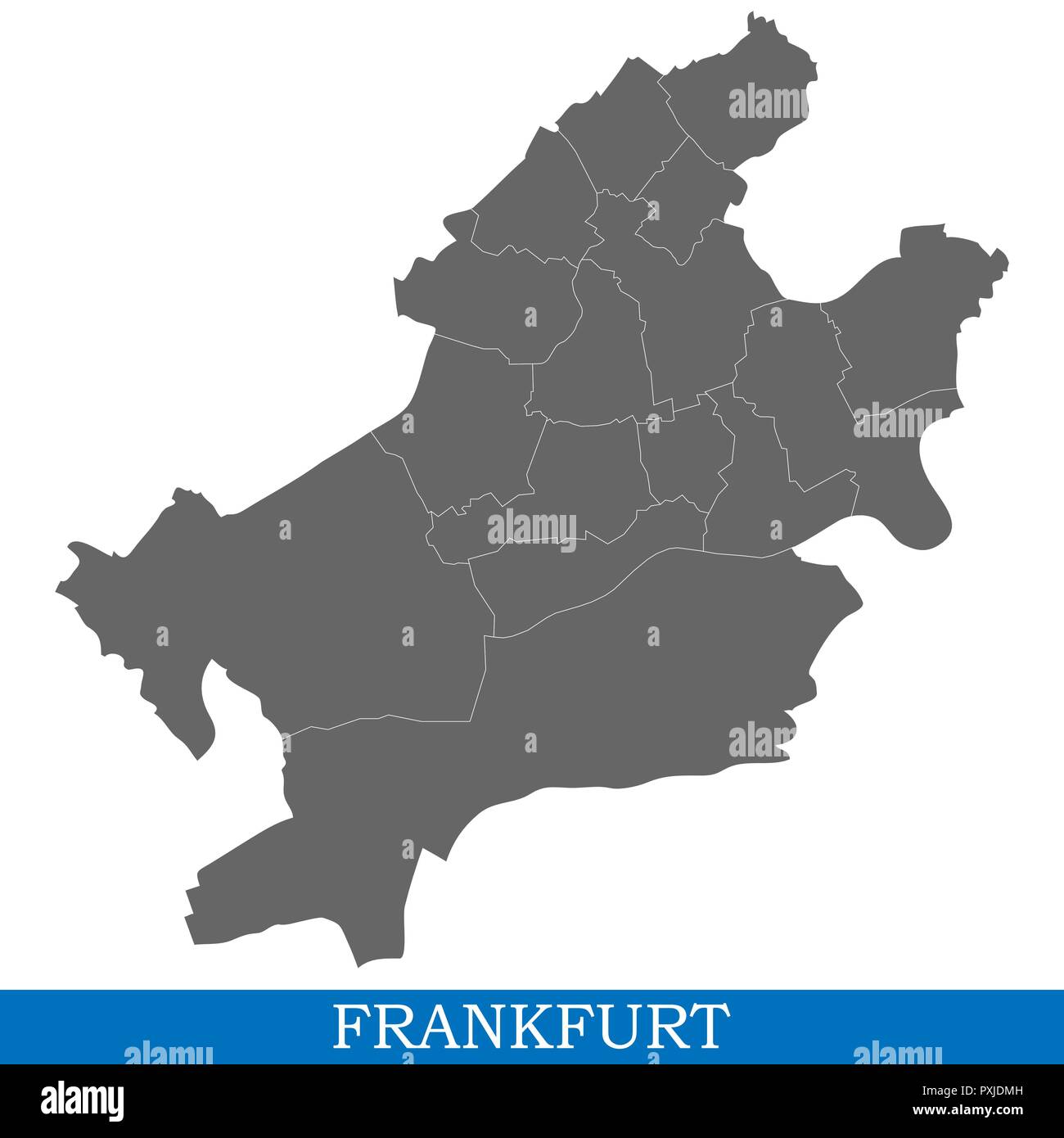 High Quality map of Frankfurt is a city of Germany, with borders of districts Stock Vector