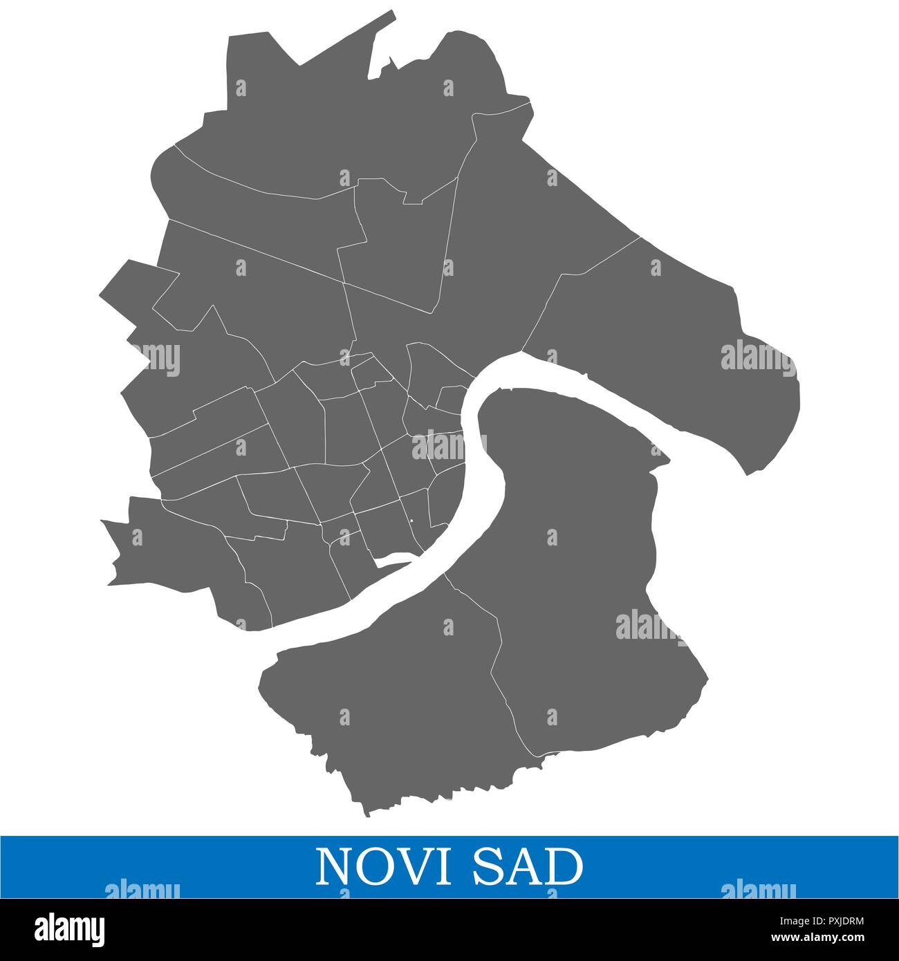High Quality map of Novi Sad is a city of Serbia, with borders of districts Stock Vector