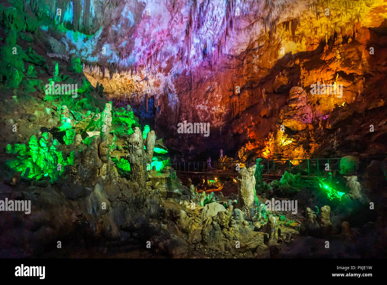 Stalactites Interior View of Prometheus Cave with Green Pink and Red ...