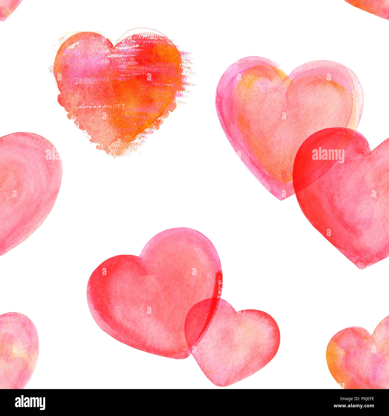 Seamless Pattern Of Red And Pink Watercolor Hearts On A White