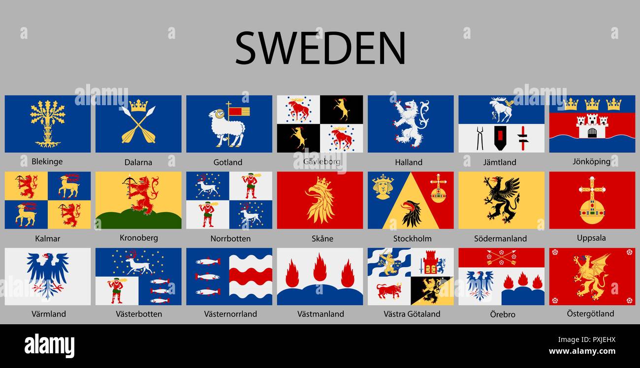 all Flags of regions of Sweden. Vector illustraion Stock Vector
