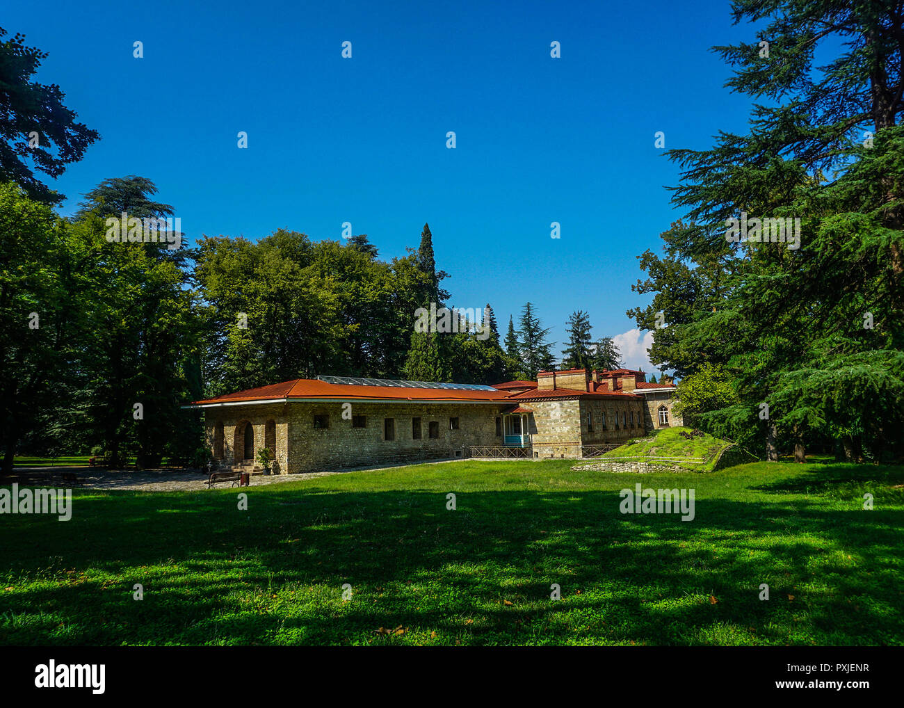 Telavi Tsinandali Palace Back View in Garden with Blue Sky Stock Photo