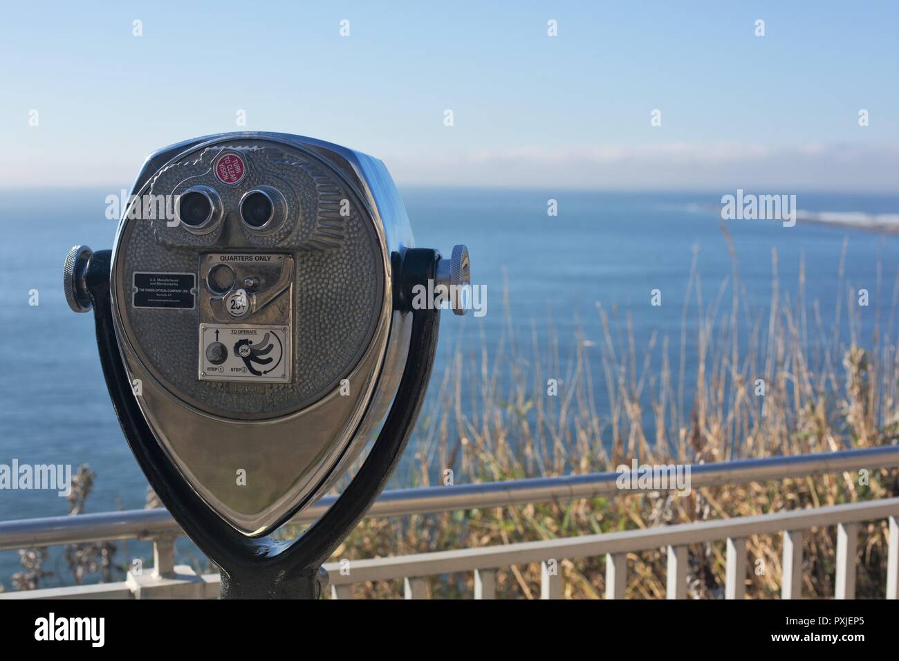 Coin operated viewing binoculars at Cape Disappointment in Washington, USA. Stock Photo