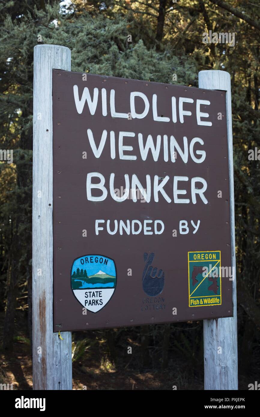 A sign for the wildlife viewing bunker at Fort Stevens State Park in Hammond, Oregon, USA. Stock Photo
