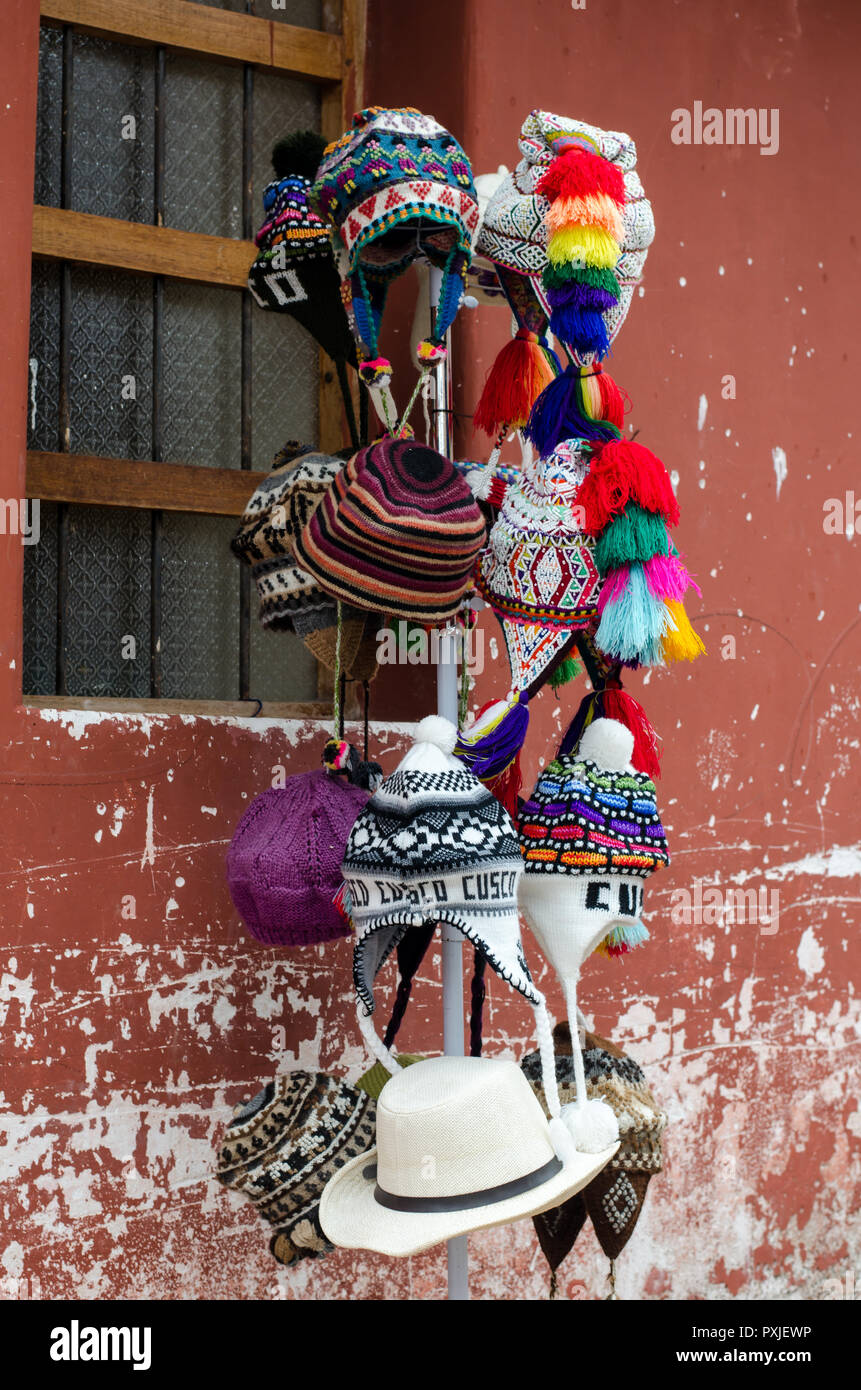 Peruvian hats known as chullo, for sale in Chinchero Stock Photo
