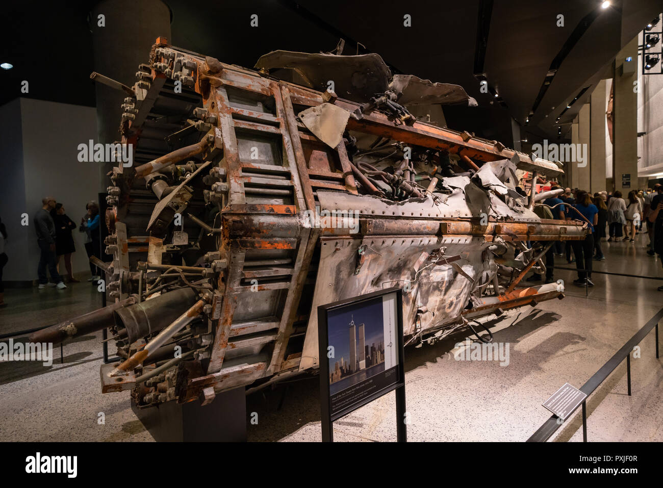 Lower section of the World Trade Center North Tower communications antenna on display in the 9/11 Memorial Museum, Lower Manhattan, New York. USA Stock Photo