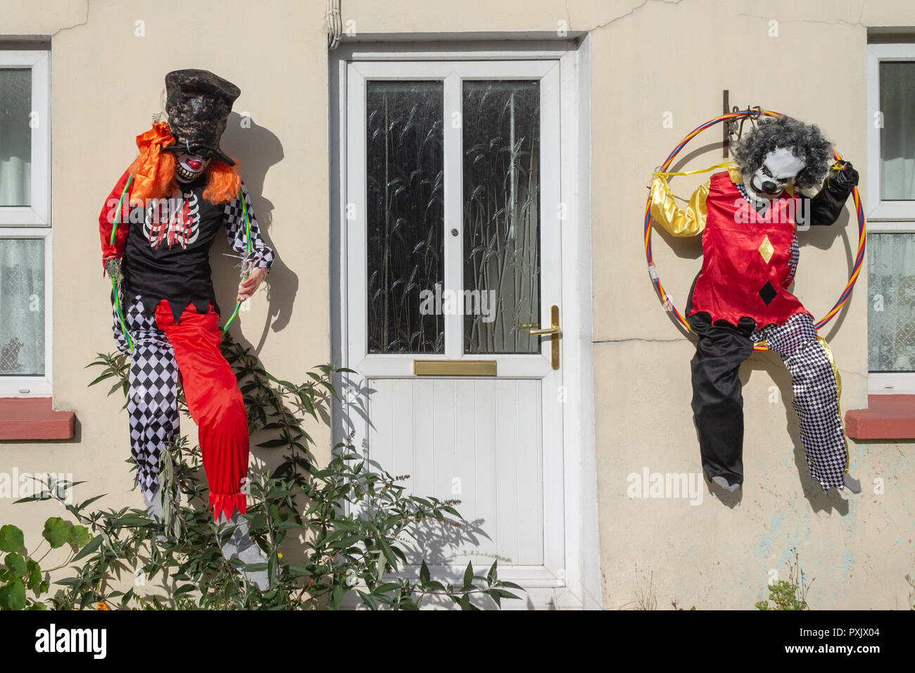 Leap, West Cork, Ireland, October 23rd 2018. Another fine day in West Cork with temperatures reaching 17 Deg. In Leap village scarecrows and ghouls started to appear on the roadside and front gardens as part of the Leap Scarecrow Festival, aiming to make Leap the spookiest place in Ireland. The festival runs from 20th October to 5th November. Credit: aphperspective/Alamy Live News Stock Photo