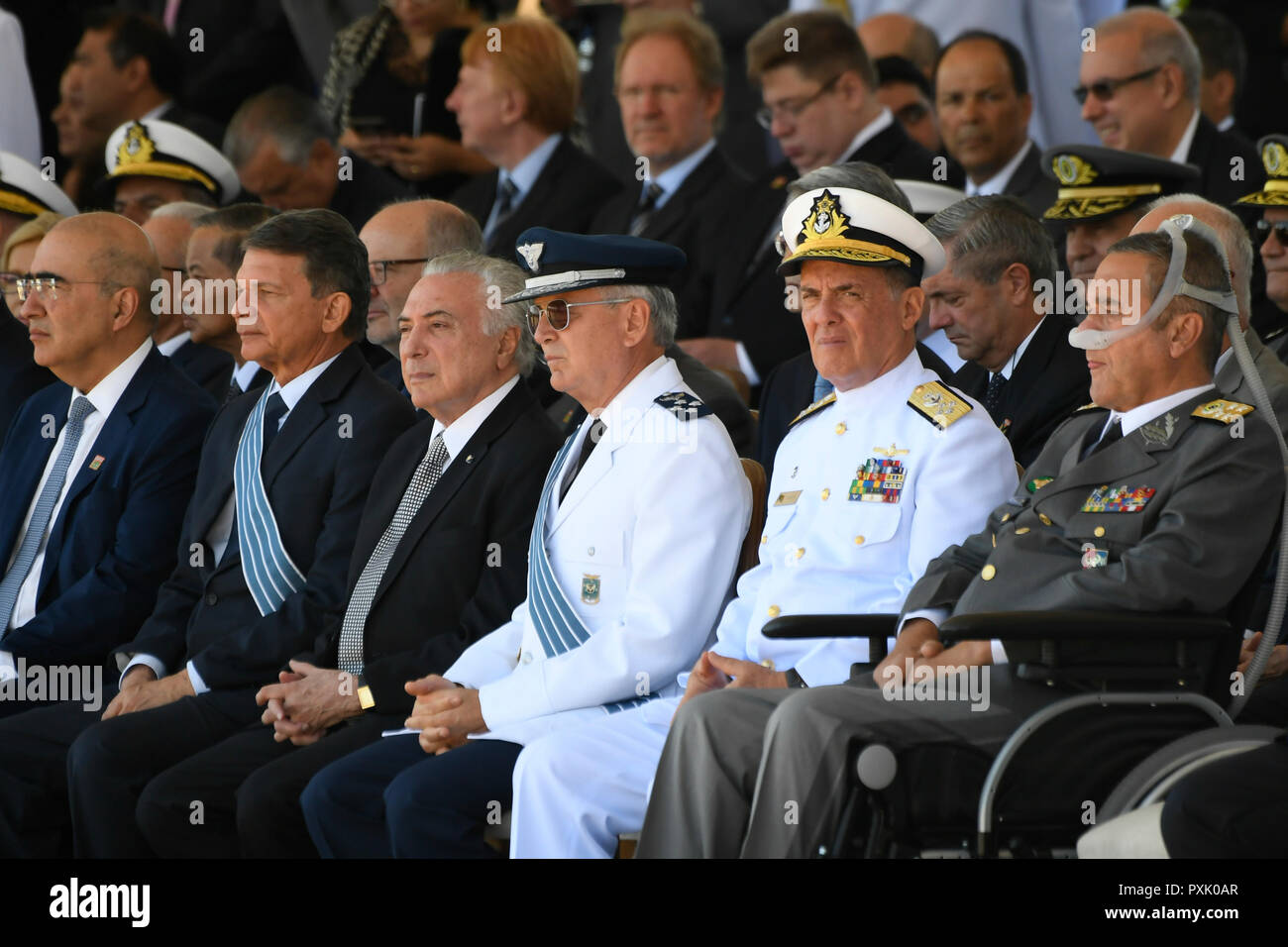 Brasilia, Brazil. 23rd Oct 2018. DF - Brasilia - 10/23/2018 - Military Solemnity Allusive to Aviator Day and Brazilian Air Force Day - Michel Temer, president of the republic, accompanied by Joaquim Silva e Luna, defense minister, Nivaldo Rossato, minister of aeronautics, and Eduardo Dias da Costa Villas Boas, commander of the Brazilian Army, during the Military Solemnity Allusive to Aviator's Day and the Brazilian Air Force Day on Tuesday, October 23, held at Base Aerea. Photo: Mateus Bonomi / AGIF Credit: AGIF/Alamy Live News Stock Photo