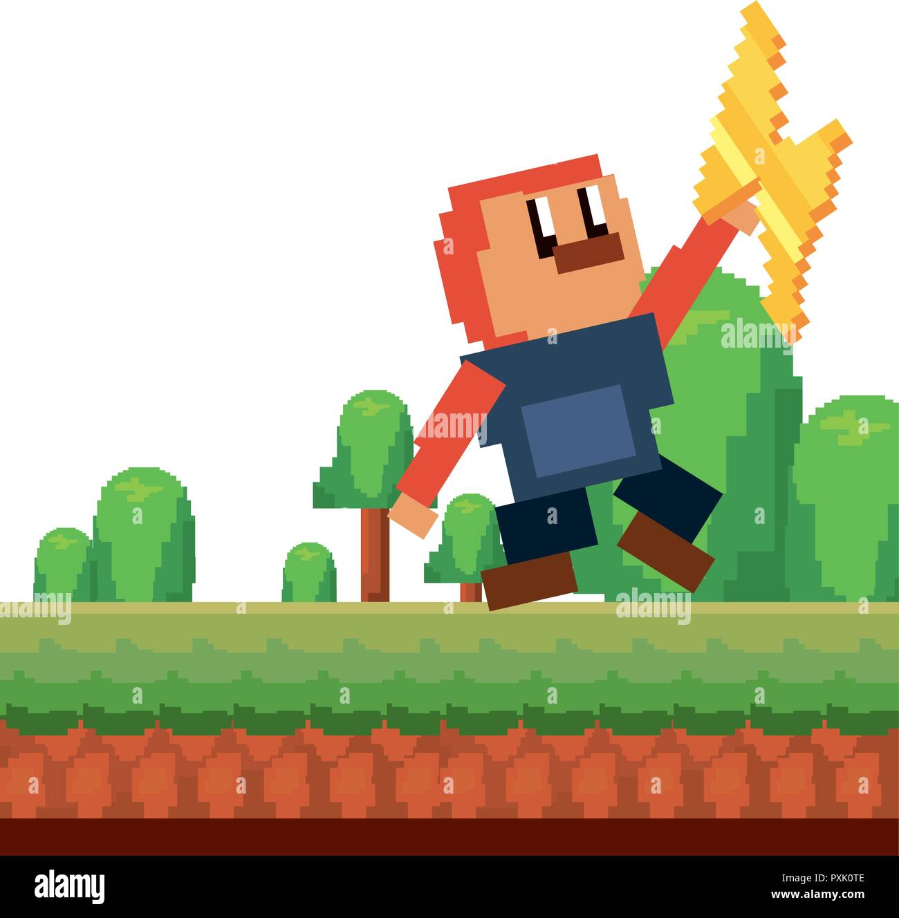 character with thunderbolt in landscape video game vector illustration ...