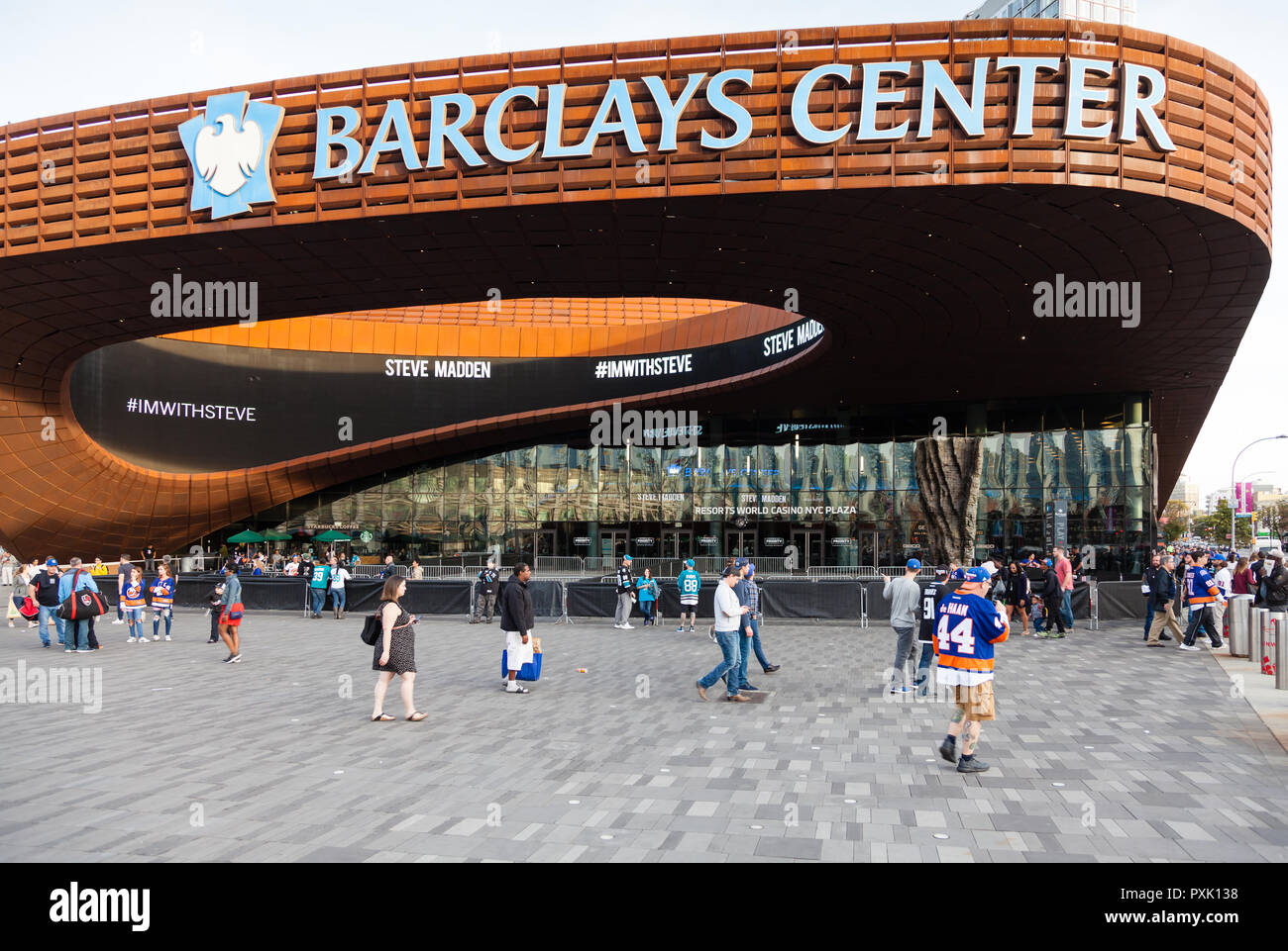 The Barclays Center, Brooklyn, is a multi purpose indoor arena.  The arena hosts basketball and ice hockey amongst other entertainment events. Stock Photo