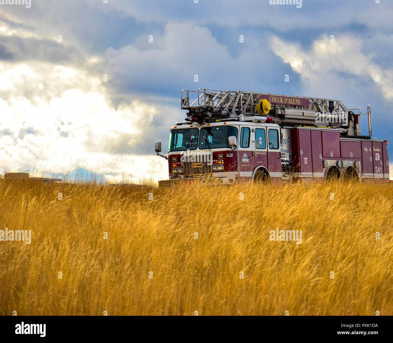 Fire Engine in a grassy field Stock Photo