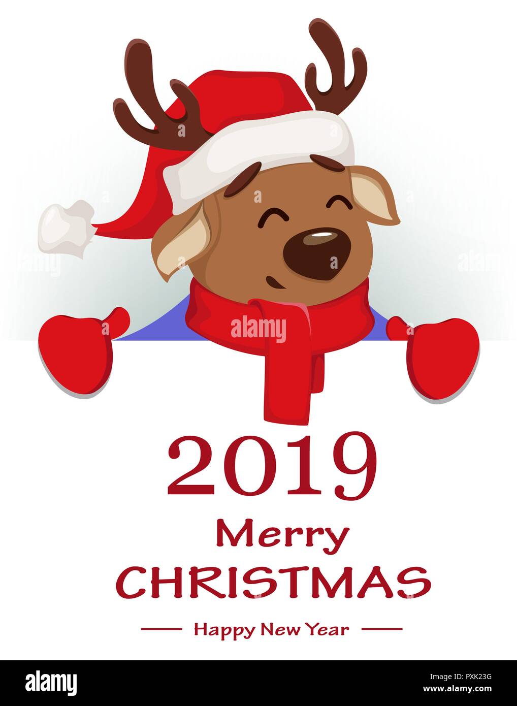 Merry Christmas Cute Deer Wearing Santa Claus Hat And Scarf