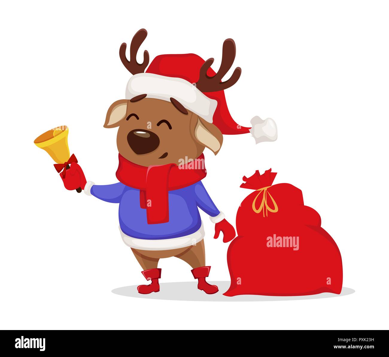 Merry Christmas. Cute deer wearing Santa Claus hat and scarf. Cheerful ...