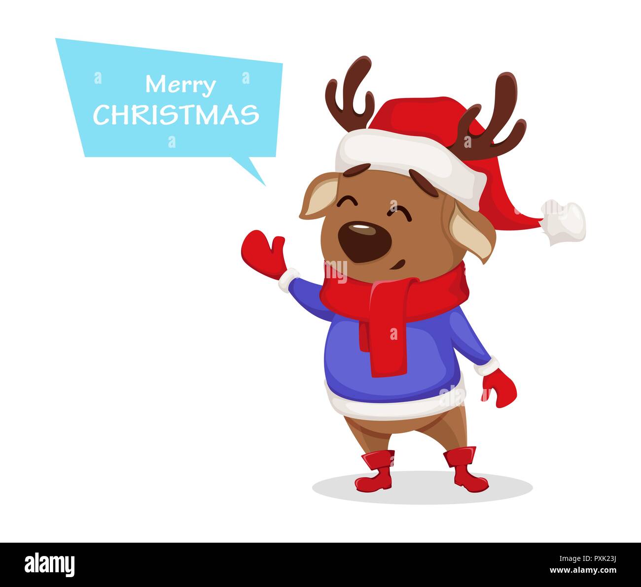 Merry Christmas Cute Deer Wearing Santa Claus Hat And Scarf