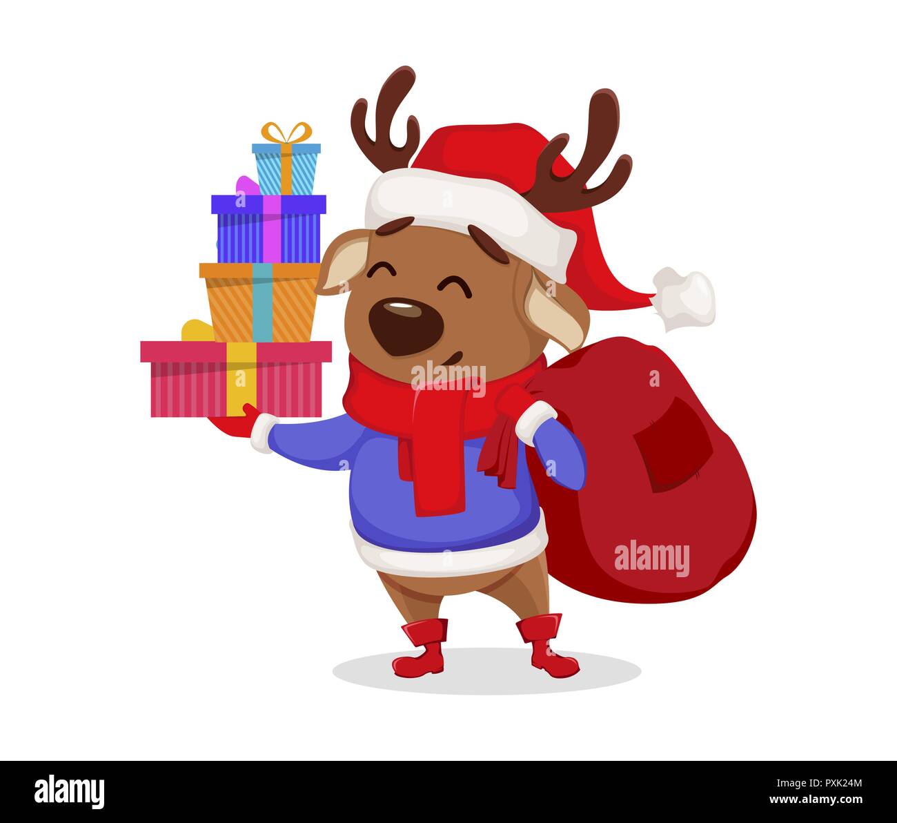 Merry Christmas. Cute deer wearing Santa Claus hat and scarf. Cheerful ...