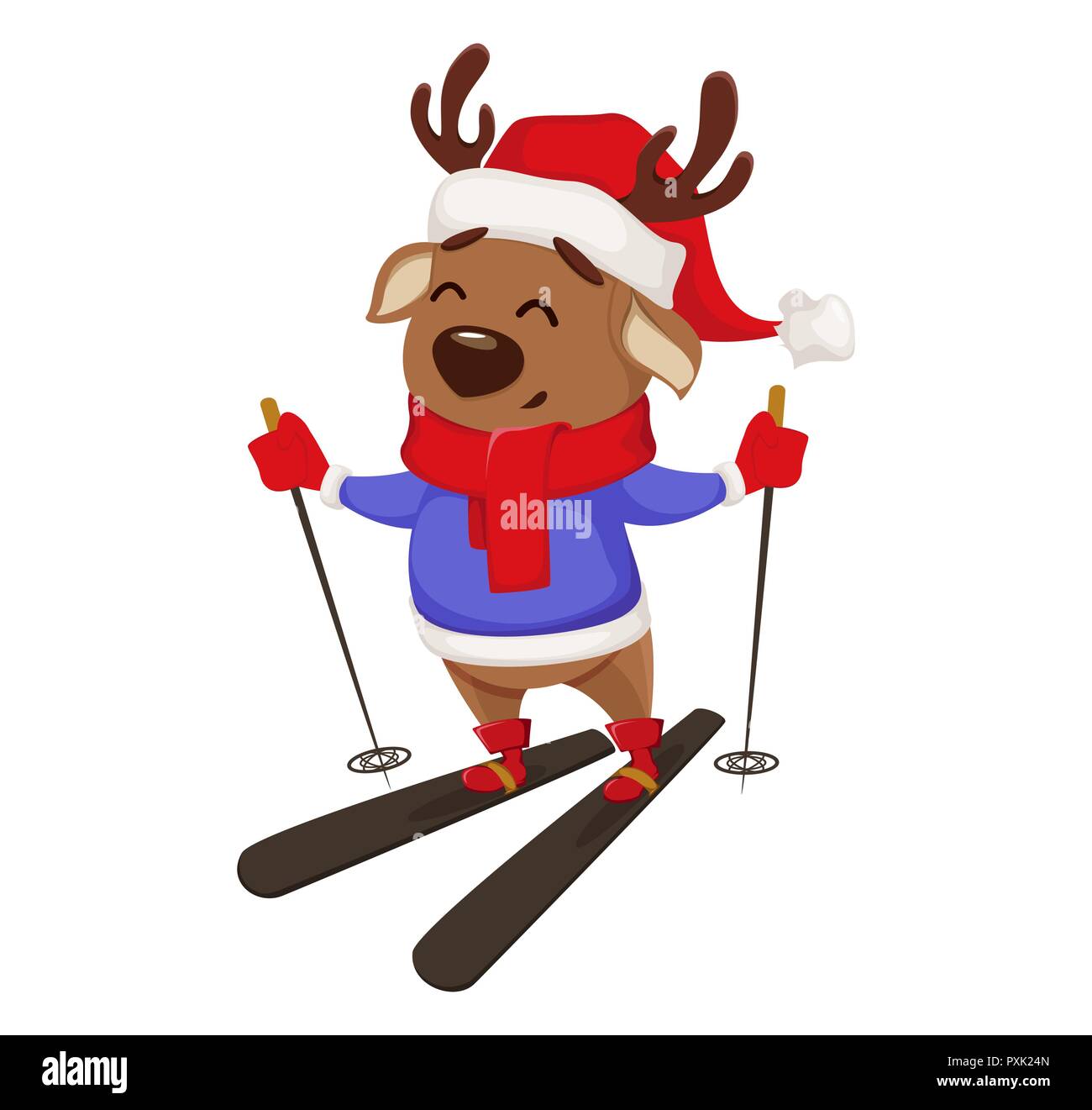 Merry Christmas. Cute deer wearing Santa Claus hat and scarf. Cheerful ...