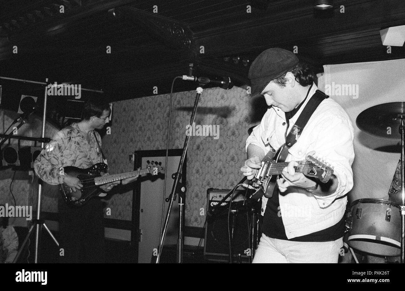 Dan Treacy and Jowe Head of post-punk band Television Personalities performing at Esquires, Bedford, UK, in 1990. Stock Photo