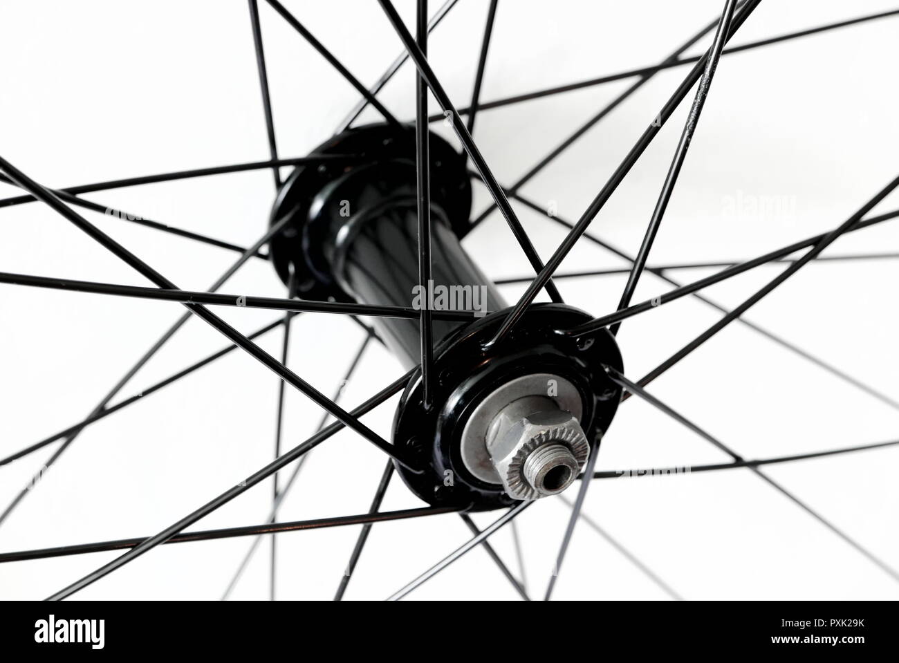 Detail of front bicycle wheel, hub and spokes Stock Photo Alamy