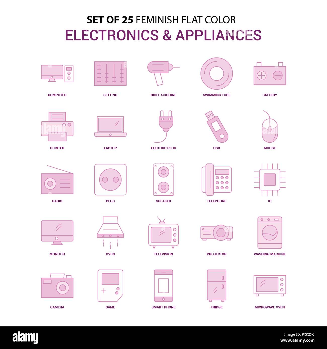 Set of 25 Feminish Electronics and Appliances Flat Color Pink Icon set Stock Vector